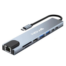 Hub USB Tipo C NOVA 8en1 Puerto Micro SD+ USB C+ USB 3.0 + RJ45